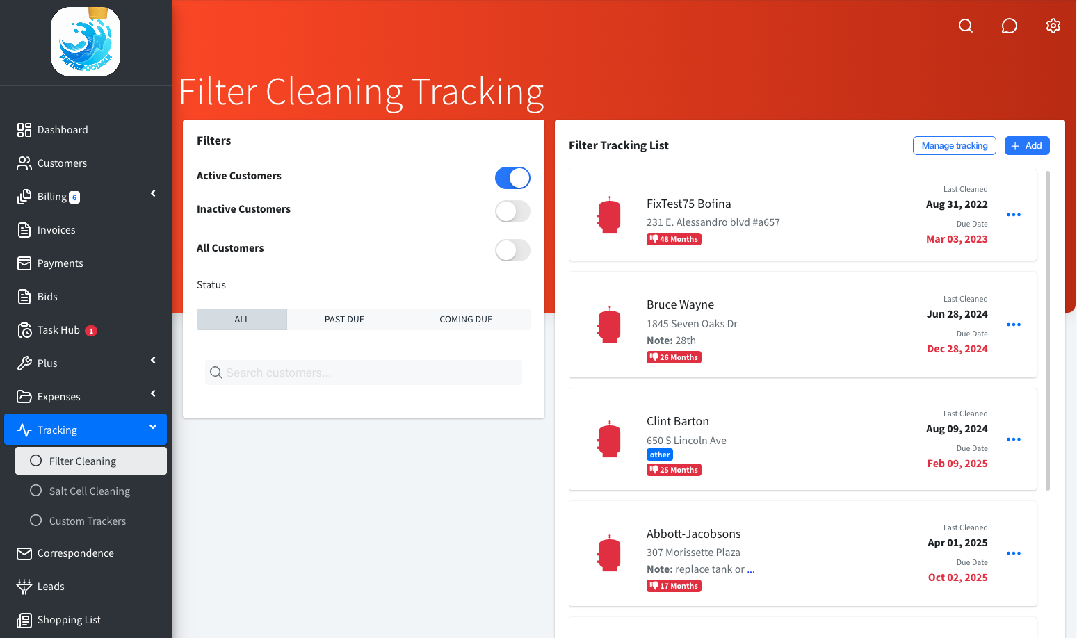 Pool filter cleaning tracking in Paythepoolman with last cleaned and due dates, salt cell cleaning and custom trackers