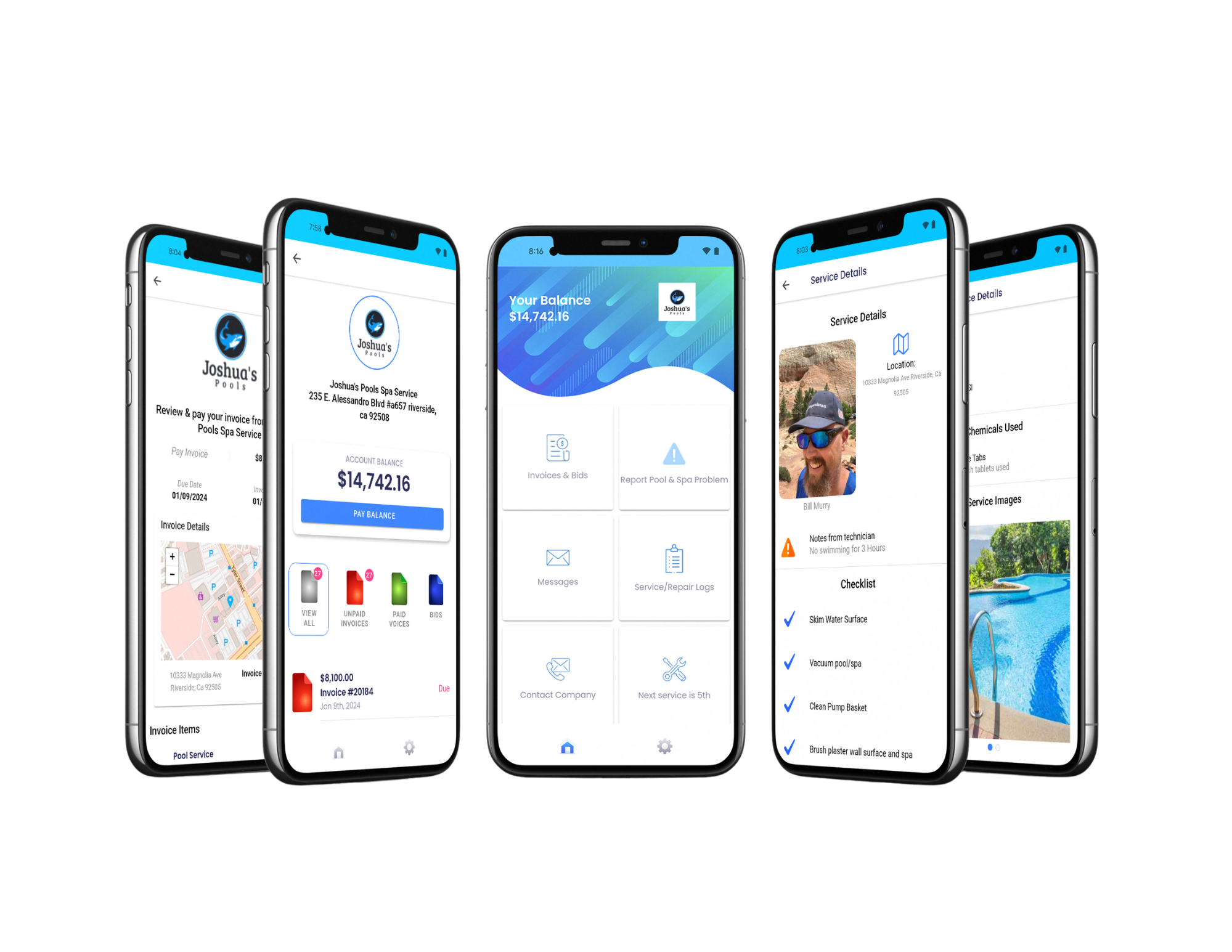 Pool Junction branded customer app by Paythepoolman: balance, invoices, bids, service details and pool photos on five phones