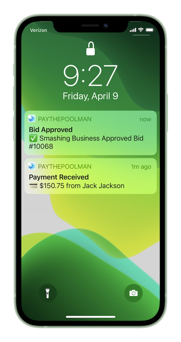 Paythepoolman push notifications on a phone lock screen: bid approved and payment received