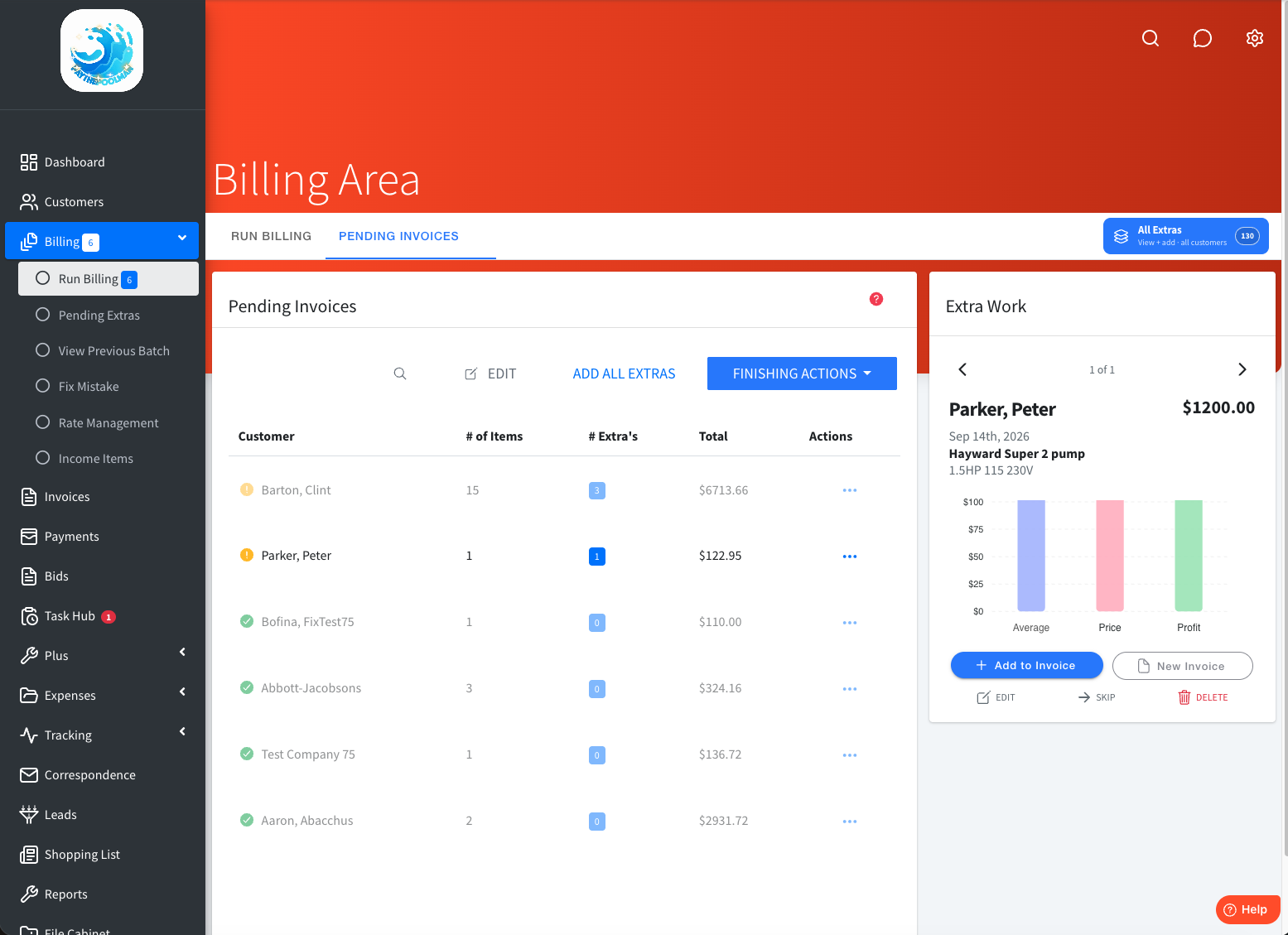 Paythepoolman pool service billing area with pending invoices, add all extras and finishing actions