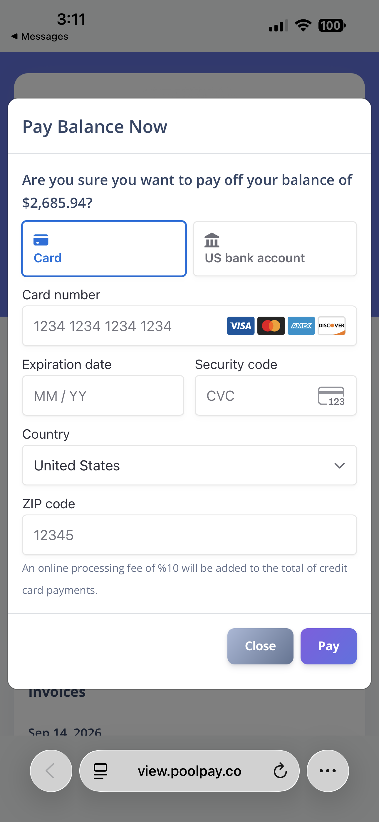 Paythepoolman customer payment portal on a phone with card and US bank account payment options