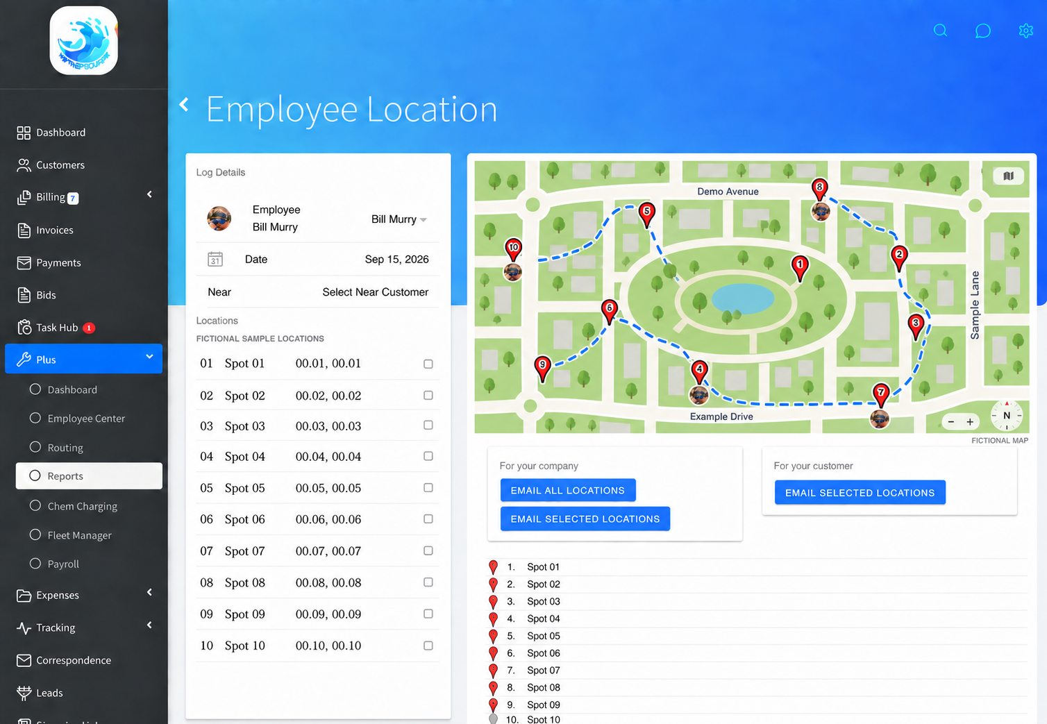 Paythepoolman GPS technician tracking screen with a numbered location trail on a map and email-to-customer buttons