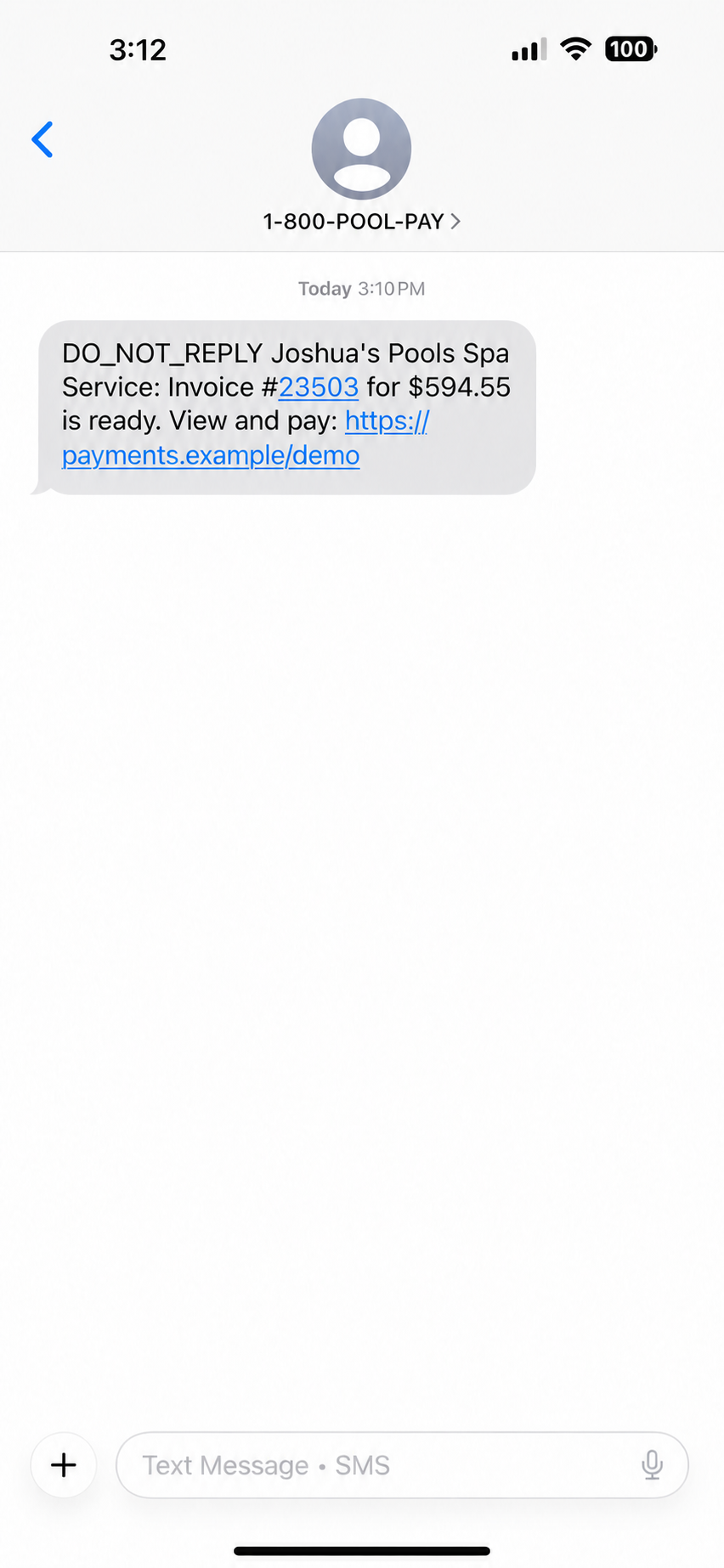 Paythepoolman invoice text in a customer's messages with the amount and a secure payment link