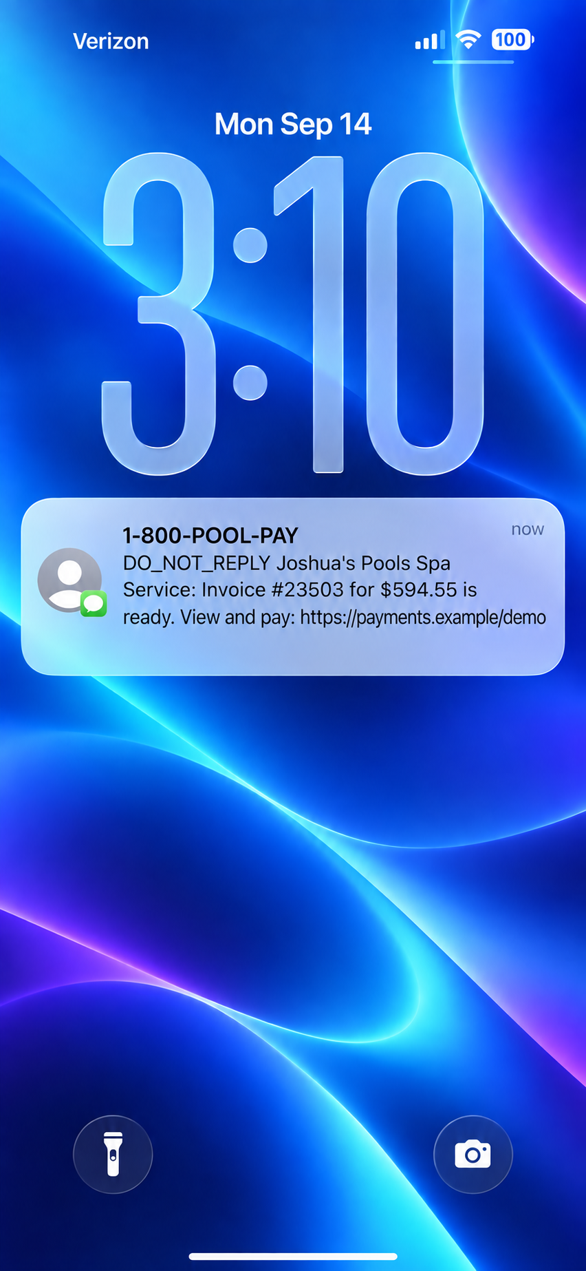 Pool service invoice text message from Paythepoolman on a phone lock screen with a link to view and pay