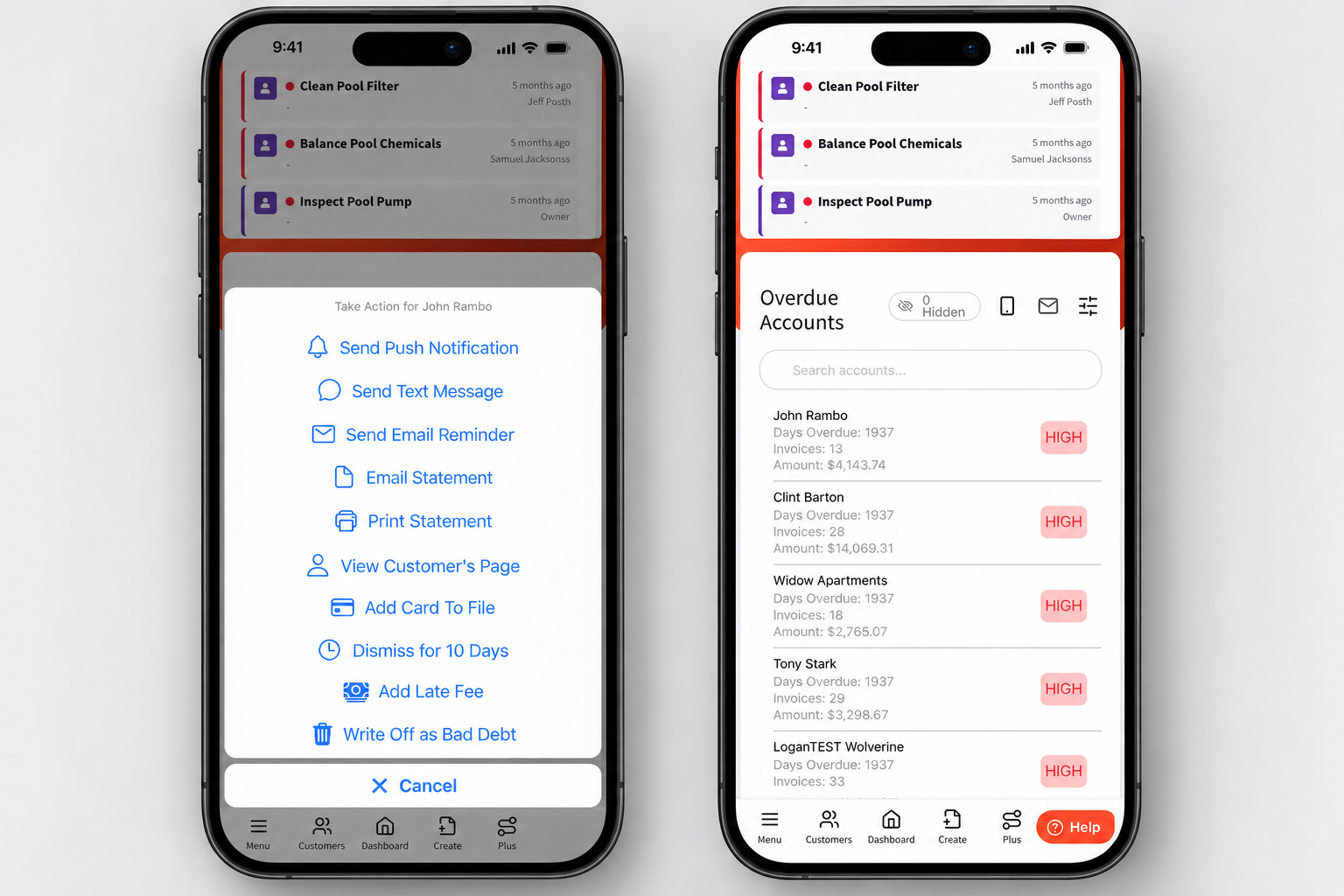 Overdue accounts and Take Action sheet in the Paythepoolman app: reminders, statements, late fees and write-off