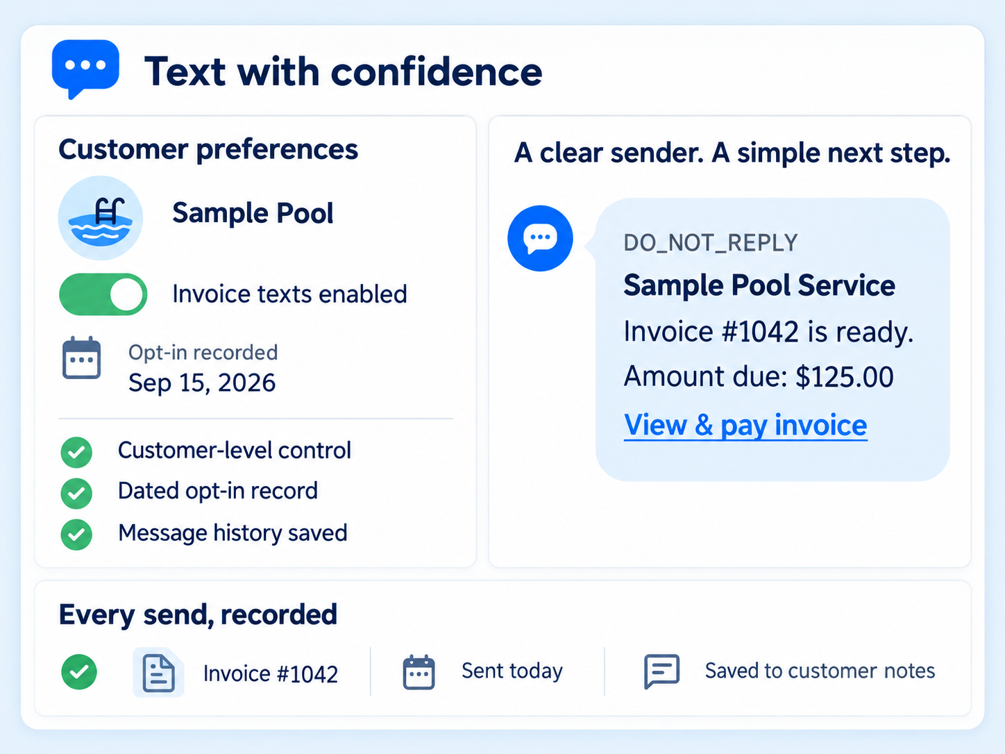 Invoice text messaging in Paythepoolman with per-customer opt-in, a branded invoice text and send history