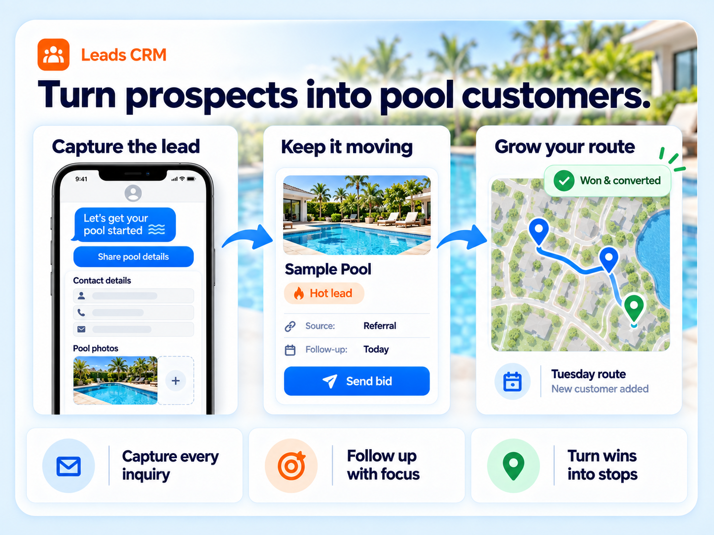 Leads CRM in Paythepoolman pool service software: capture, follow up, bid and convert leads into route stops