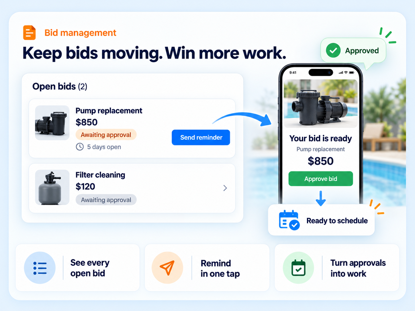 Paythepoolman open bids report with one-tap text reminders and customer bid approval on a phone