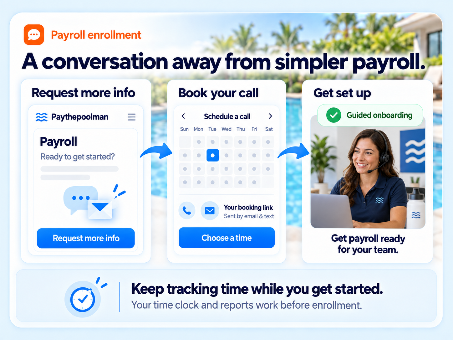 Payroll enrollment in Paythepoolman with a guided onboarding call booked from inside the app