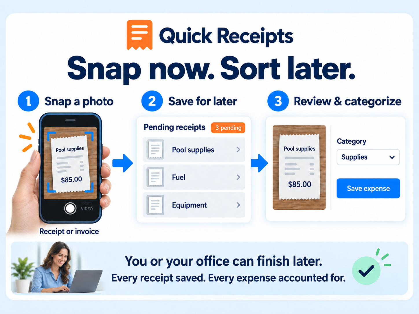 Quick Receipts in Paythepoolman: snap a receipt photo in the field and categorize the expense later